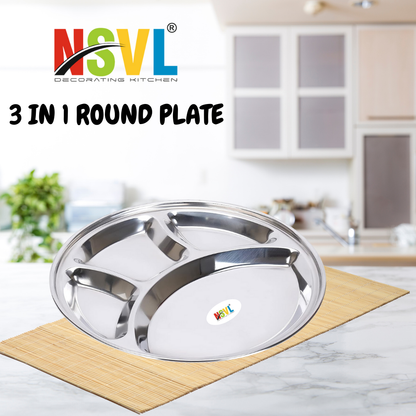 Nsvl Stainless Steel Round Lunch Dinner Plate Bhojan Thali 4 in 1 Compartments Dinner Set Round Plate, Thali, Mess Tray, Dinner Plate, Steel Plate with partition