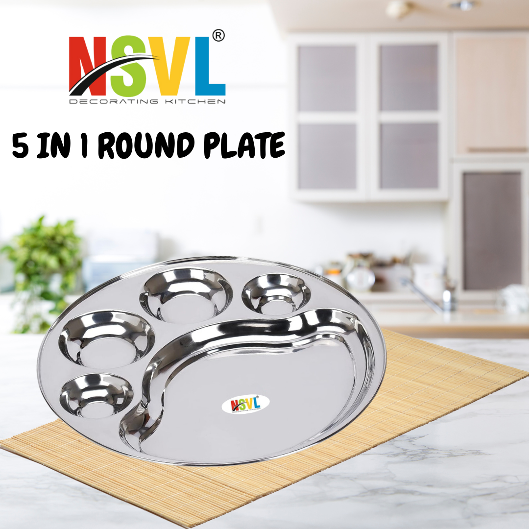 Nsvl Stainless Steel Round 5 Compartment Lunch/Dinner Plates, 31cm Diameter, Compartment Tray/Deep katori Devided Bhojan Thali/Lunch/5 Partition Dinner Plate