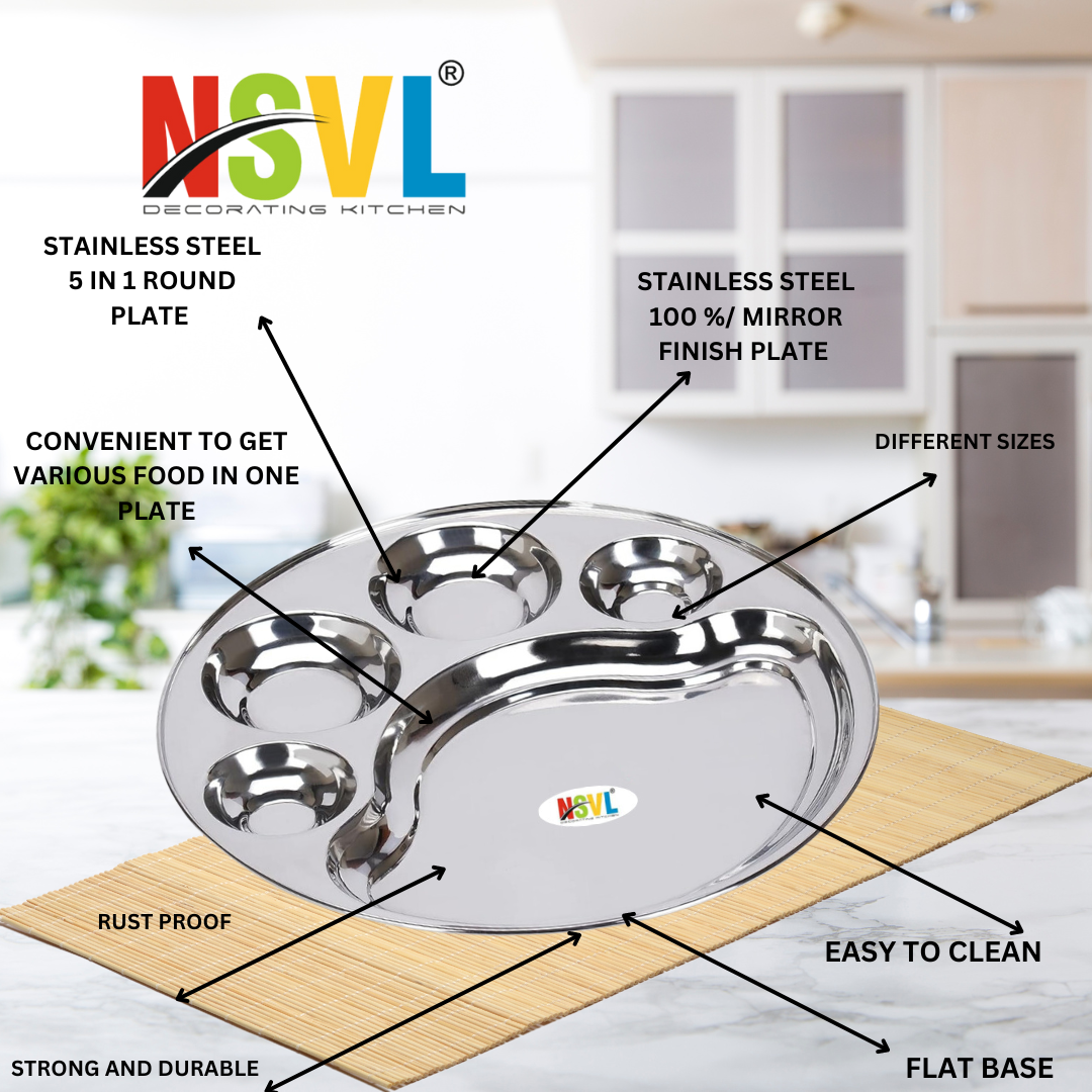 Nsvl Stainless Steel Round 5 Compartment Lunch/Dinner Plates, 31cm Diameter, Compartment Tray/Deep katori Devided Bhojan Thali/Lunch/5 Partition Dinner Plate