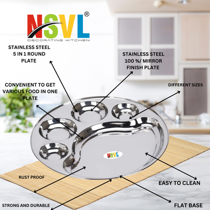 Nsvl Stainless Steel Round 5 Compartment Lunch/Dinner Plates, 31cm Diameter, Compartment Tray/Deep katori Devided Bhojan Thali/Lunch/5 Partition Dinner Plate