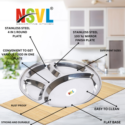 Nsvl Stainless Steel Round Lunch Dinner Plate Bhojan Thali 4 in 1 Compartments Dinner Set Round Plate, Thali, Mess Tray, Dinner Plate, Steel Plate with partition