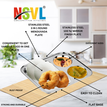 Nsvl Stainless Steel Partition Plate, Mendu Vada Plate,Bhojan Thali, Snacks Plate, Dinner Plate