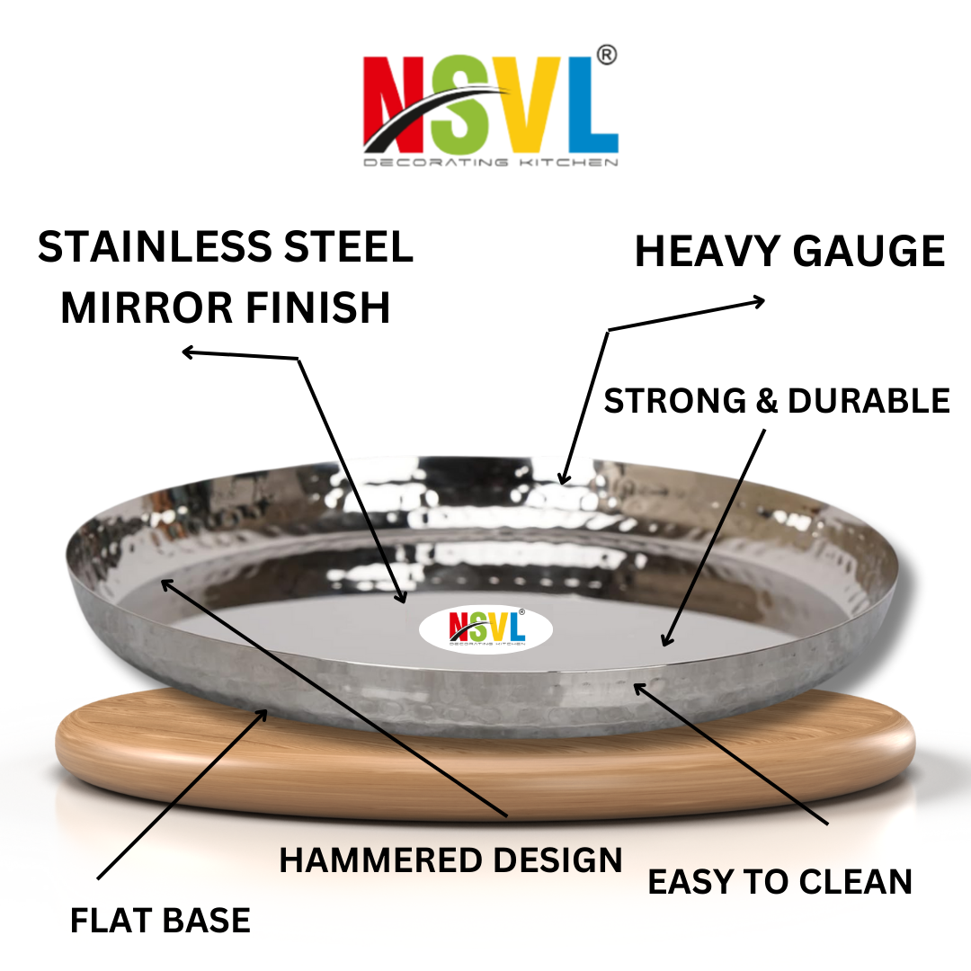 Nsvl Stainless Steel Hammered Texture Heavy Gauge Mirror Finish Royal Dinner Plate, Premium Dinner Plate 29.5cm