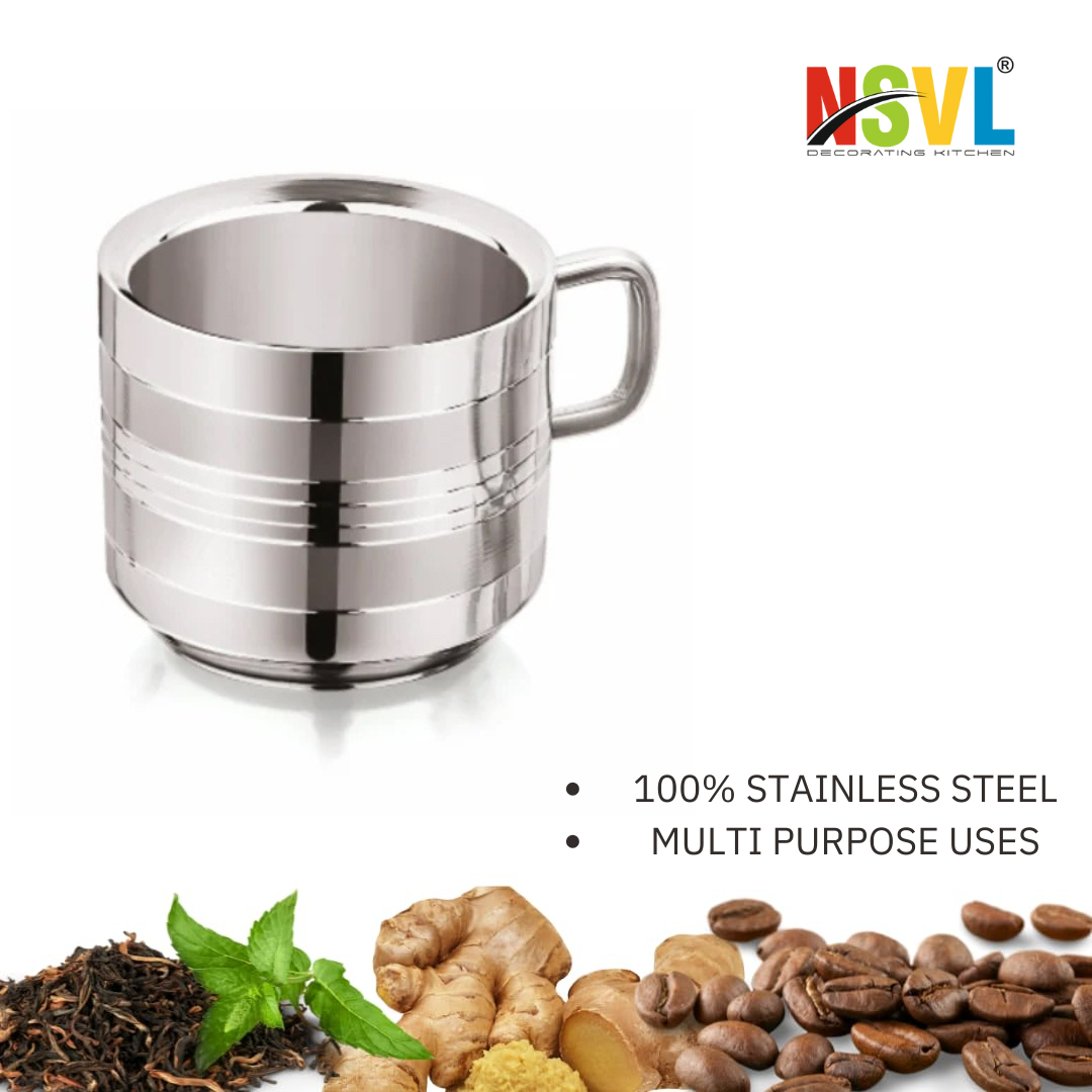 Nsvl 100% Stainless Steel Tea Cups Set of 6 Pcs | Double Wall Tea & Coffee Cups | Mirror Finish Cups | Line Design, Break Resistant