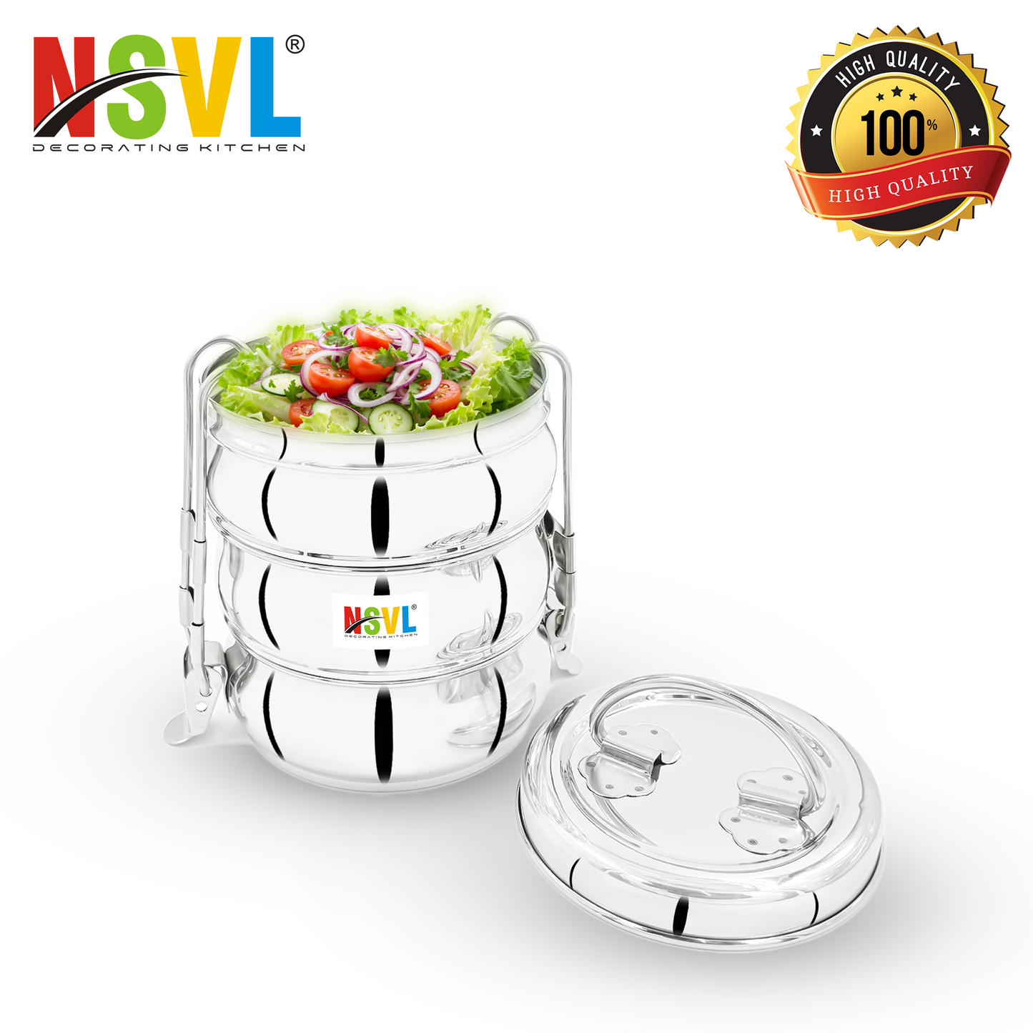 NSVL Stainless Steel 3 Compartment Lunch Box/Tiffin with Insulated Pouch 11 Cm Belly (1150ML, Silver)
