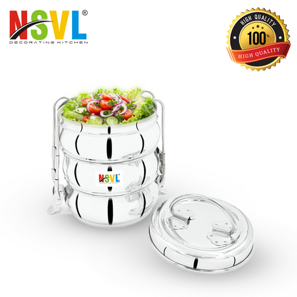 NSVL Stainless Steel 3 Compartment Lunch Box/Tiffin with Insulated Pouch 11 Cm Belly (1150ML, Silver)