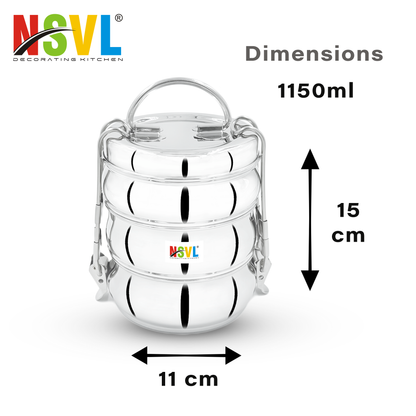 NSVL Stainless Steel 3 Compartment Lunch Box/Tiffin with Insulated Pouch 11 Cm Belly (1150ML, Silver)