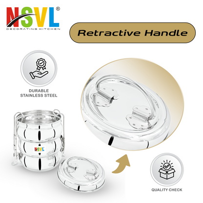 NSVL Stainless Steel 3 Compartment Lunch Box/Tiffin with Insulated Pouch 11 Cm Belly (1150ML, Silver)