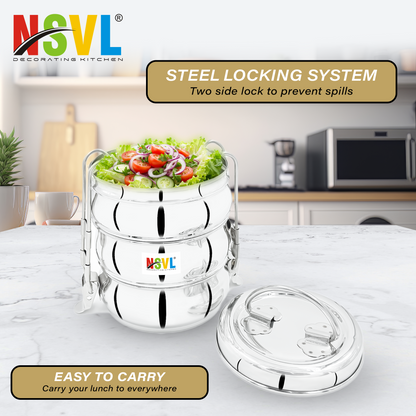NSVL Stainless Steel 3 Compartment Lunch Box/Tiffin with Insulated Pouch 11 Cm Belly (1150ML, Silver)