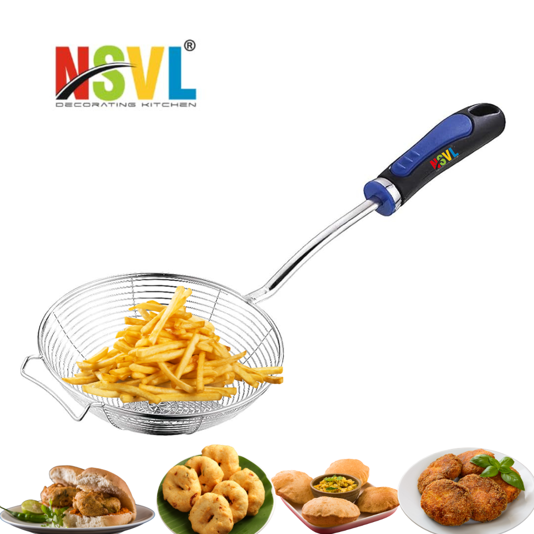 NSVL Blue Handle Frying Strainer DEEP Fry/MESH Strainer/JHARA/Puri Strainer Wire Skimmer 1pc 15cm Diameter