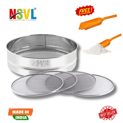 Nsvl Stainless Steel 4 in 1 Interchangeable Sieve/Chalni 1 Unit | Set of 5 | Silver | Gehu/Flour/Atta/Maida Chalni/Spices/Food Strainers