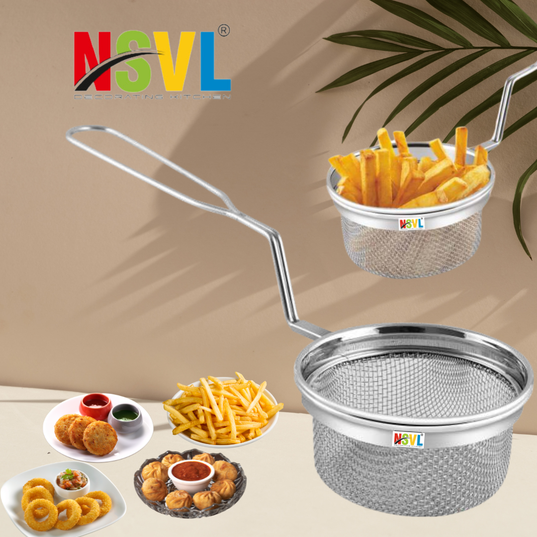 Nsvl Stainless Steel French Fries Basket, Potatoes Chips & Chicken Round Fried Mesh Food Stainer, Suitable for Kitchen Restaurant Party Barbecue Strainer Baskets