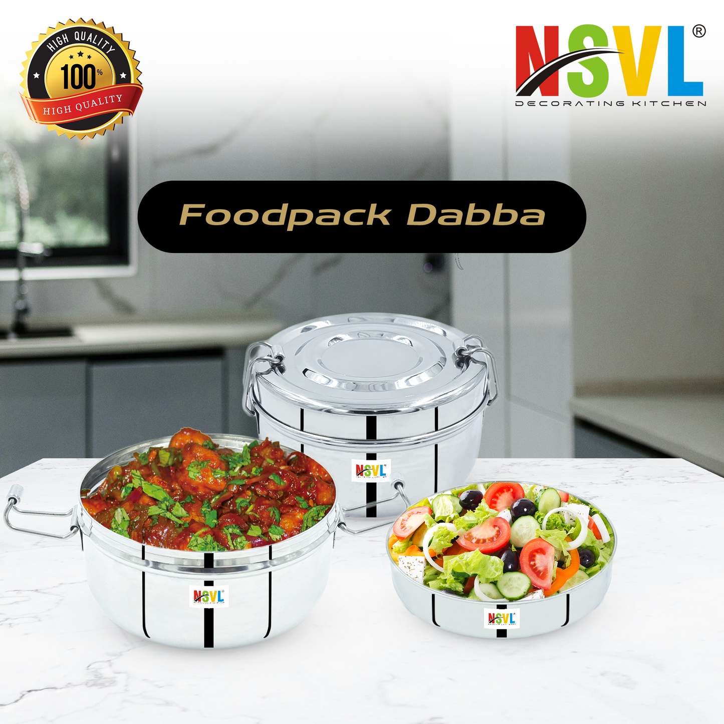 NSVL Stainless Steel Food Pack Lunch Box with Steel Separator Plate and Locking Clip
