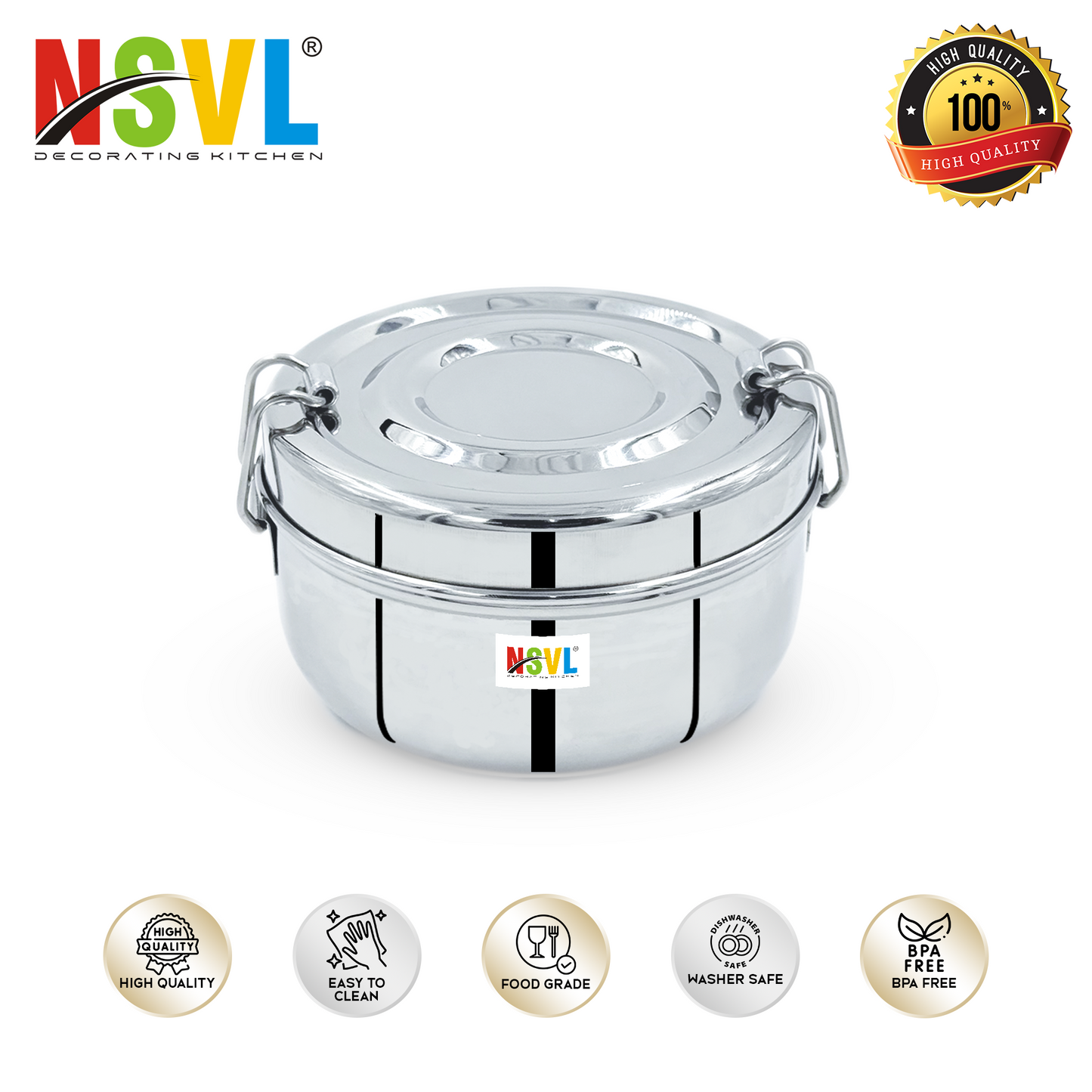 NSVL Stainless Steel Food Pack Lunch Box with Steel Separator Plate and Locking Clip