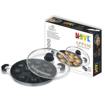 NSVL Heavy-BASE Non-Stick 12 Cavity Appam Patra with Glass Lid | Appam Maker | Appam Patra | Appam pan | Litti Maker | Appe Stand