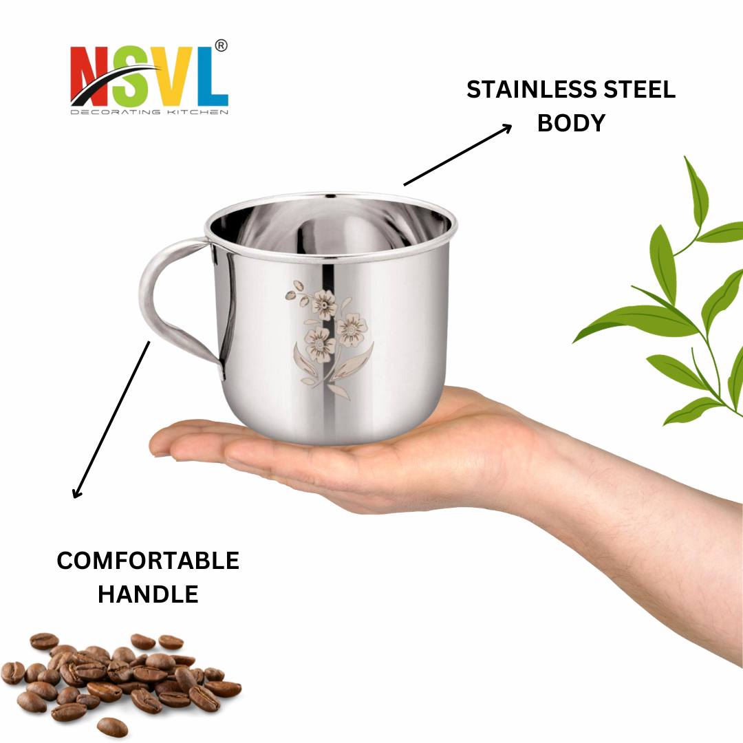 Nsvl Pack of 6 Stainless Steel Single Wall Tea Cup Set | Laser Design | Silver Mirror Finish | Break Resistant (Silver, Cup Set)