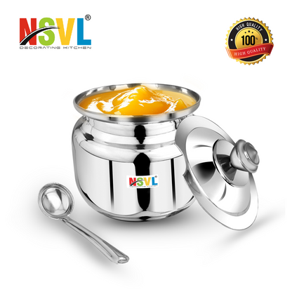 Nsvl Stainless Steel Multipurpose Ghee Pot/Pickle Container, 310 ml, With Spoon,(Round Design)