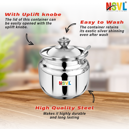 Nsvl Stainless Steel Multipurpose Ghee Pot/Pickle Container, 310 ml, With Spoon,(Round Design)