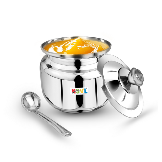 Nsvl Stainless Steel Multipurpose Ghee Pot/Pickle Container, 310 ml, With Spoon,(Round Design)