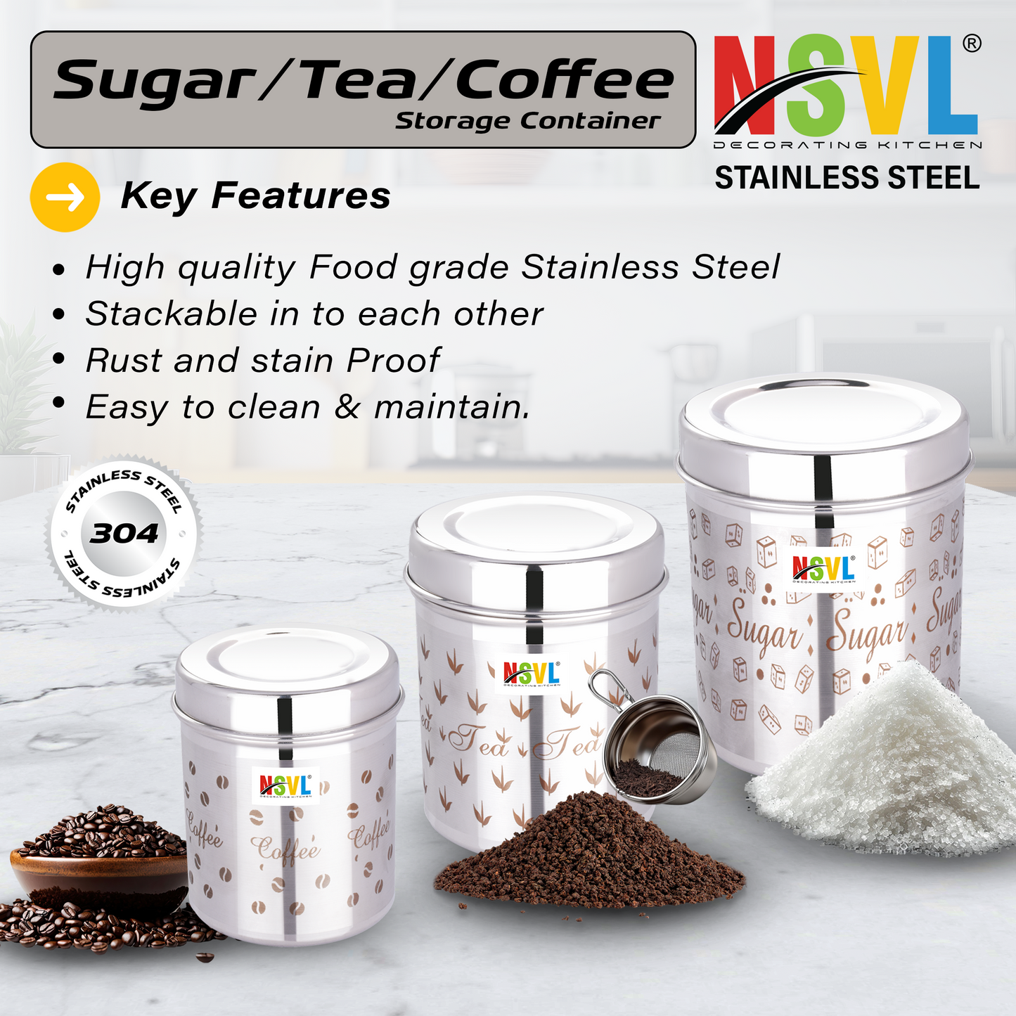 NSVL Stainless Steel Tea Coffee Sugar Containers Set of 3 | Steel Containers for kitchen | 3 Size Of Dabba 500ml , 350ml , 200ml
