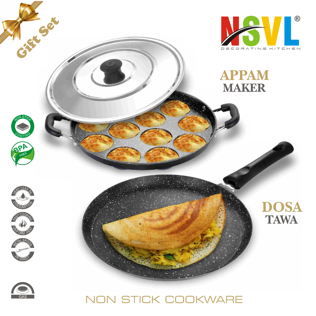 Nonstick Aluminium Cookware Gift Set, 4 Pieces, Includes Tawa, Appam Maker, Kitchen Tool, Mini Uttamapm, Non-Induction Base