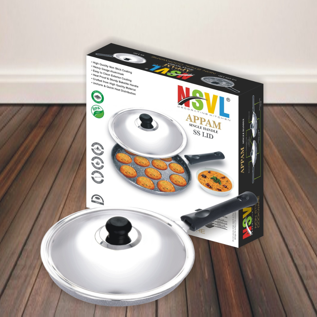 Nsvl Appam Patra with 12 Cavity Heavy Duty Aluminum | Single Handle| Litti Maker Paniarakkal with Lid 1 L Capacity 24 cm Diameter (Aluminium, Non-Stick)