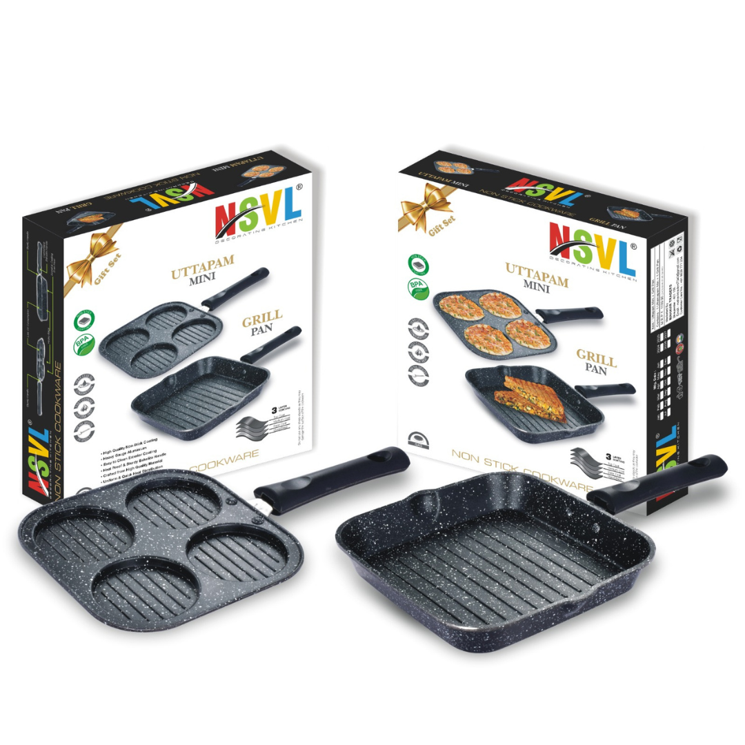 NSVL Non Stick Grill Pan & Mini Uttapam Pan Tawa Aluminum Multi Snack Maker / 2 pc Combo