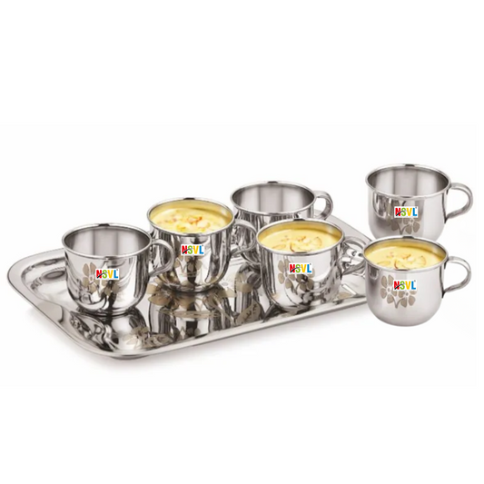 Pack of 7 Stainless Steel Stainless Steel Tea & Coffee Set (6 PCs Cups with Tray) 130ml  (Silver)