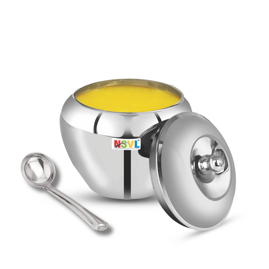 Nsvl Stainless Steel Multipurpose Ghee Pot/Pickle Container, 310 ml, With Spoon,(Apple design)