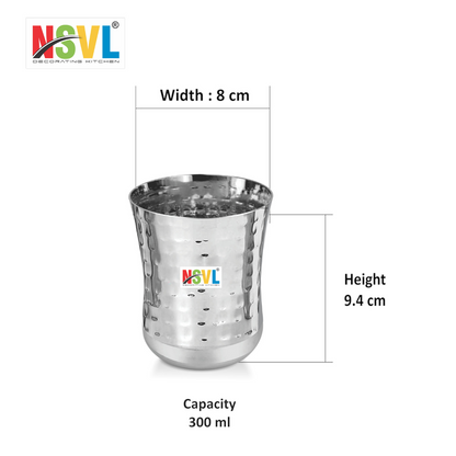 NSVL Stainless Steel Hammered Finish Belly Design Heavy Gauge Drinking Glass/Glossy Finish Design Glass for Water, Milk, Juice, Soft Drinks