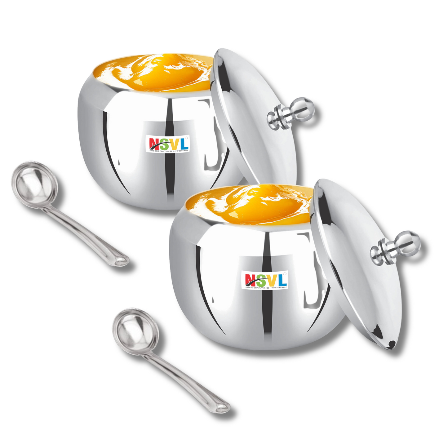 Nsvl Stainless Steel Multipurpose Ghee Pot/Pickle Container, 310 ml, With Spoon,(Orange Design)