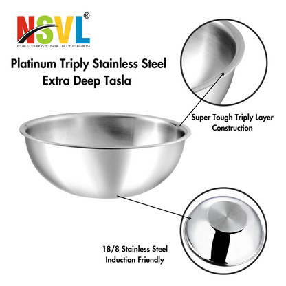 NSVL Triply Stainless Steel Cookware Tasla 2.5 mm Thick Extra Deep Tasra/Kadhai for Cooking/Induction Bottom, Gas Base