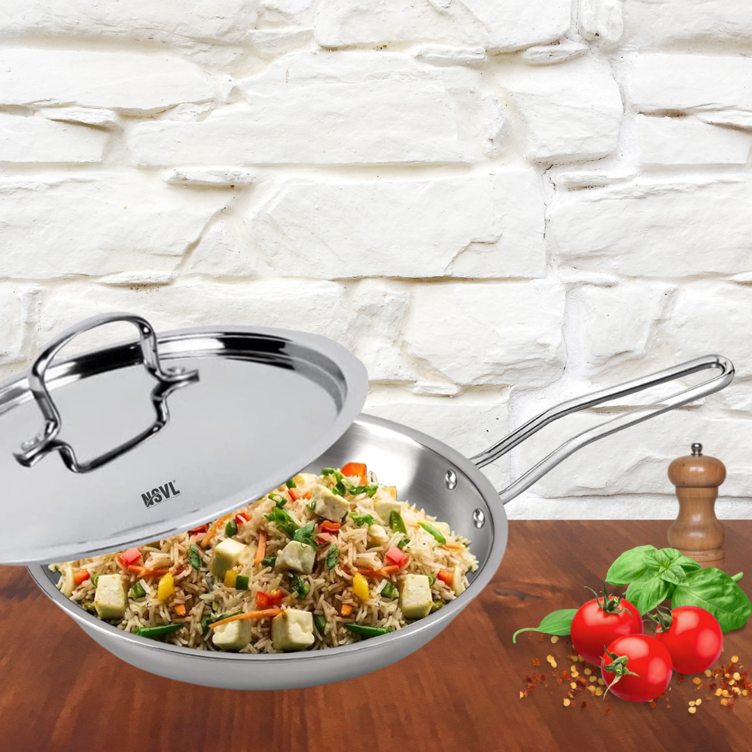 NSVL Triply Stainless Steel Cookware Frypan With Lid - 2.5 mm Thick/Skillet Fry pan for Dosa, Chilla/Induction, Gas Base