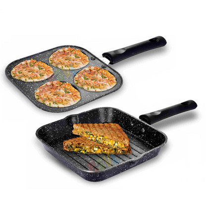 NSVL Non Stick Grill Pan & Mini Uttapam Pan Tawa Aluminum Multi Snack Maker / 2 pc Combo