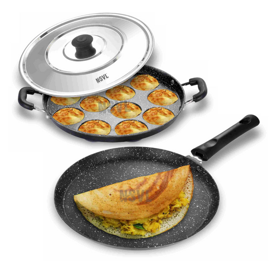 Nsvl Aluminium Non-Stick Dosa Tawa with Handle| Granite Finish | Pfoa Free | High Temperature Resistant Exterior Coating | 25 Cm | Black (DOSA TAWA/APPAM Combo)