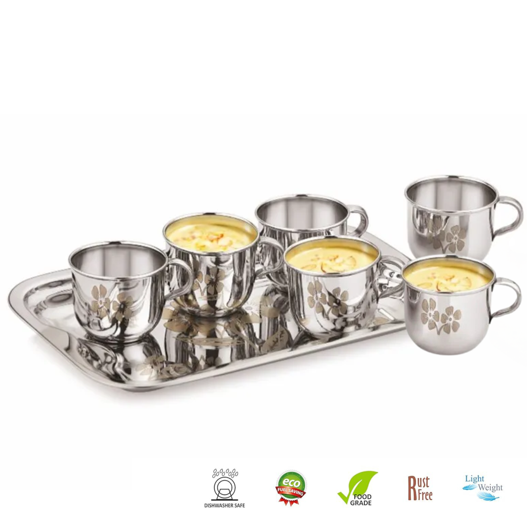 Pack of 7 Stainless Steel Stainless Steel Tea & Coffee Set (6 PCs Cups with Tray) 130ml  (Silver)