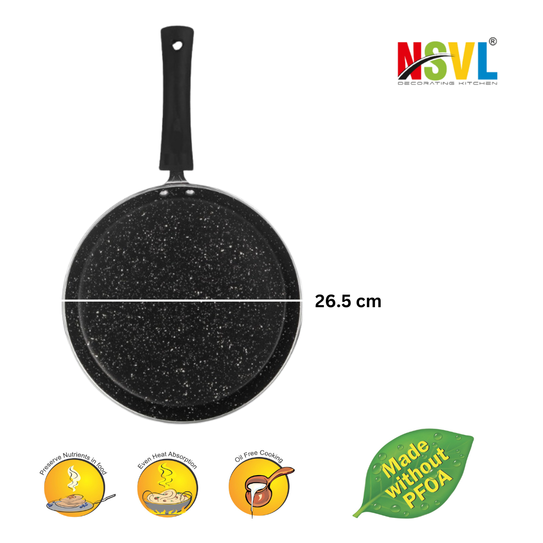 Nsvl Aluminium Non-Stick Black Splatter Dosa Tawa with Handle| Granite Finish | Pfoa Free | 2.4 mm 26 Cm