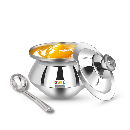 Nsvl Stainless Steel Multipurpose Ghee Pot/Pickle Container, 310 ml, With Spoon,(Diamond Design)