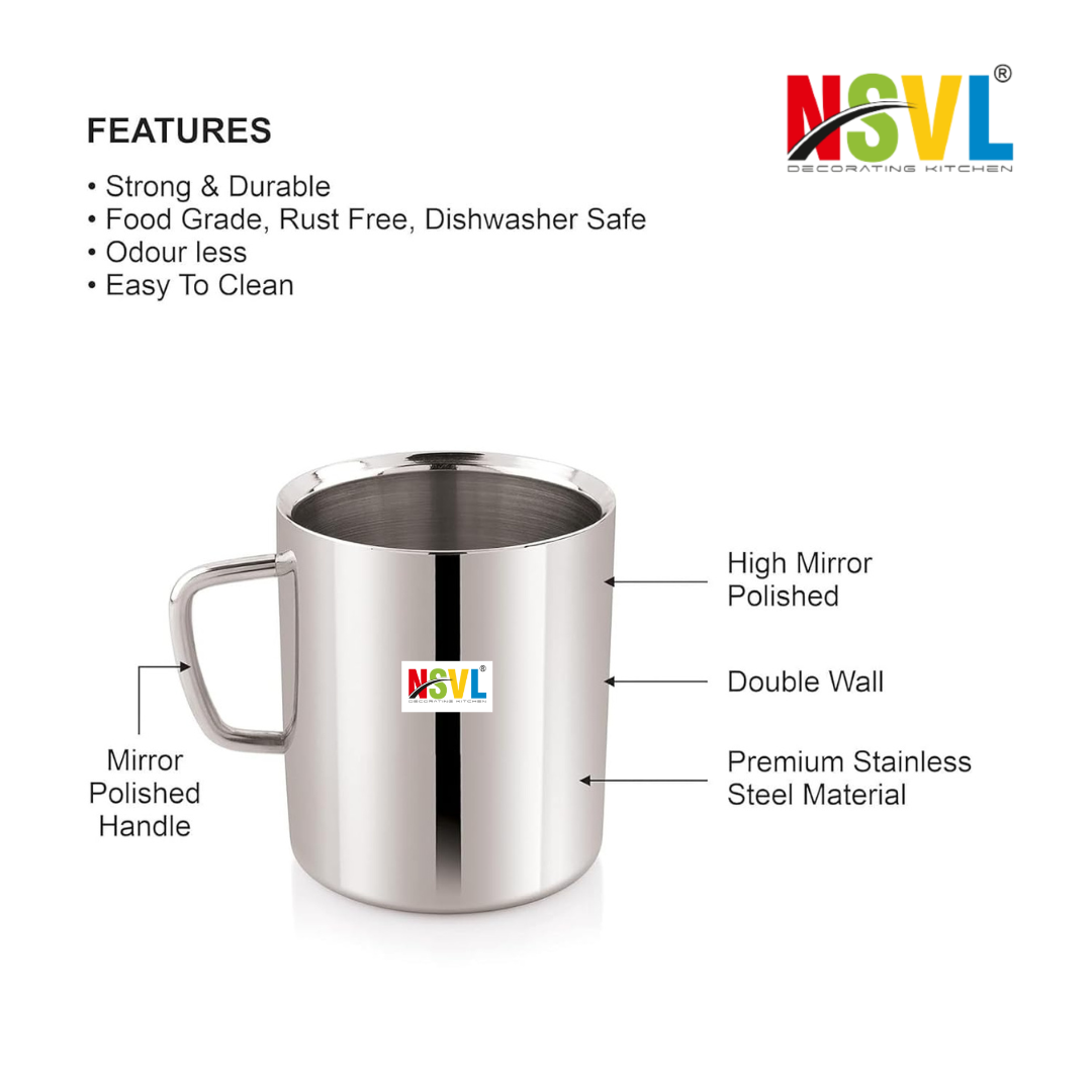 NSVL Stainless Steel Premium Double Wall Coffee Mug, Set of 2 | Tea Cup with Handle and Flat Base