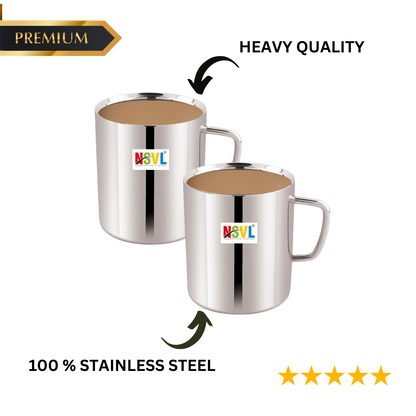 NSVL Stainless Steel Premium Double Wall Coffee Mug, Set of 2 | Tea Cup with Handle and Flat Base