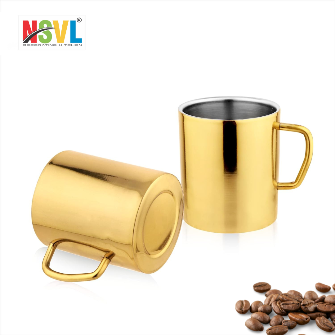 NSVL Gold Plated Premium Double Wall Coffee Mug, Set of 2 | Tea Cup with Handle and Flat Base