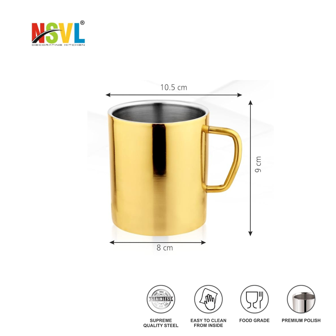 NSVL Gold Plated Premium Double Wall Coffee Mug, Set of 2 | Tea Cup with Handle and Flat Base