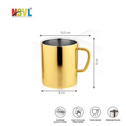 NSVL Gold Plated Premium Double Wall Coffee Mug, Set of 2 | Tea Cup with Handle and Flat Base