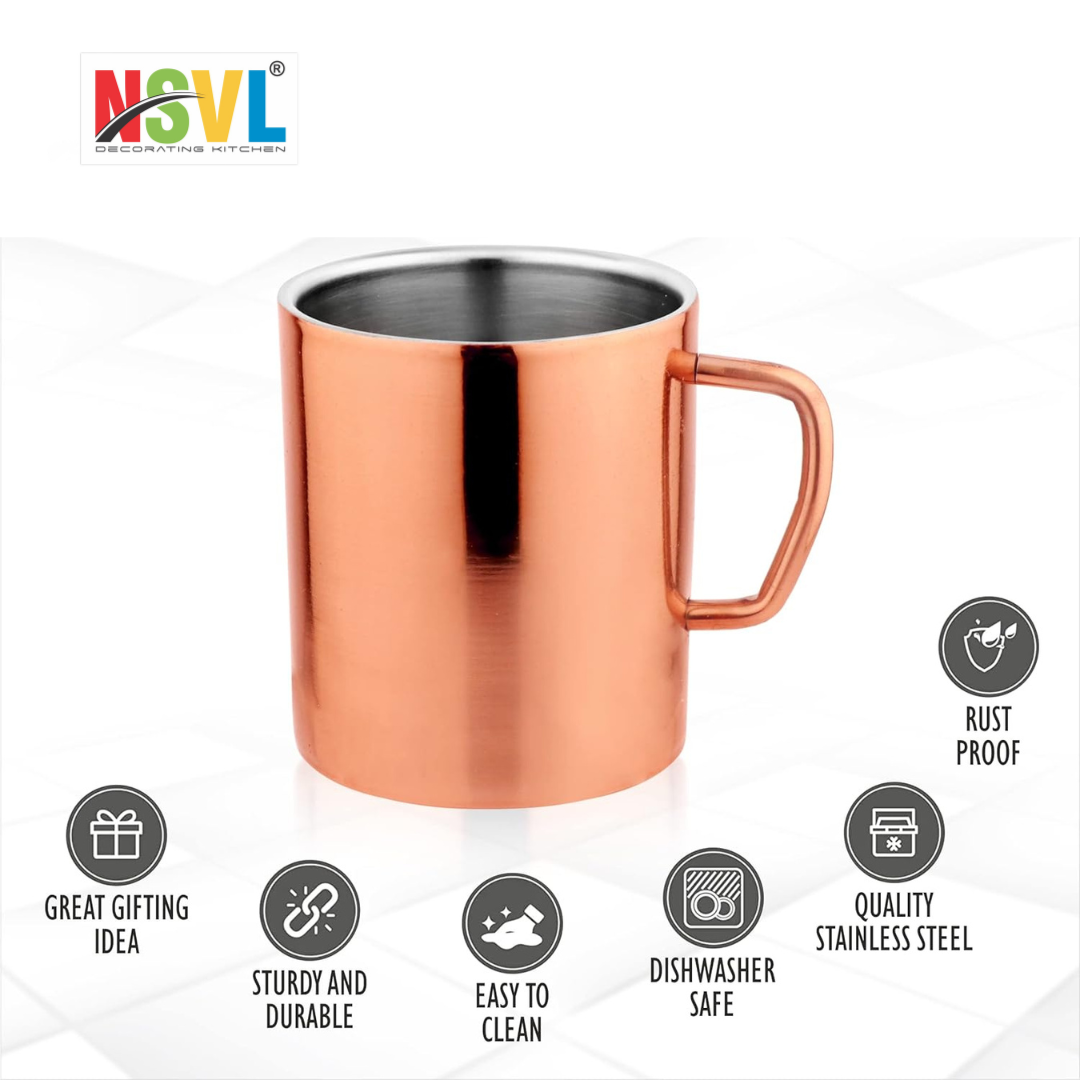 NSVL Copper Plated Premium Double Wall Coffee Mug, Set of 2 | Tea Cup with Handle and Flat Base