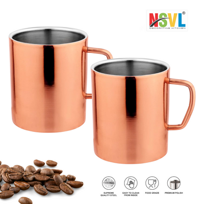 NSVL Copper Plated Premium Double Wall Coffee Mug, Set of 2 | Tea Cup with Handle and Flat Base