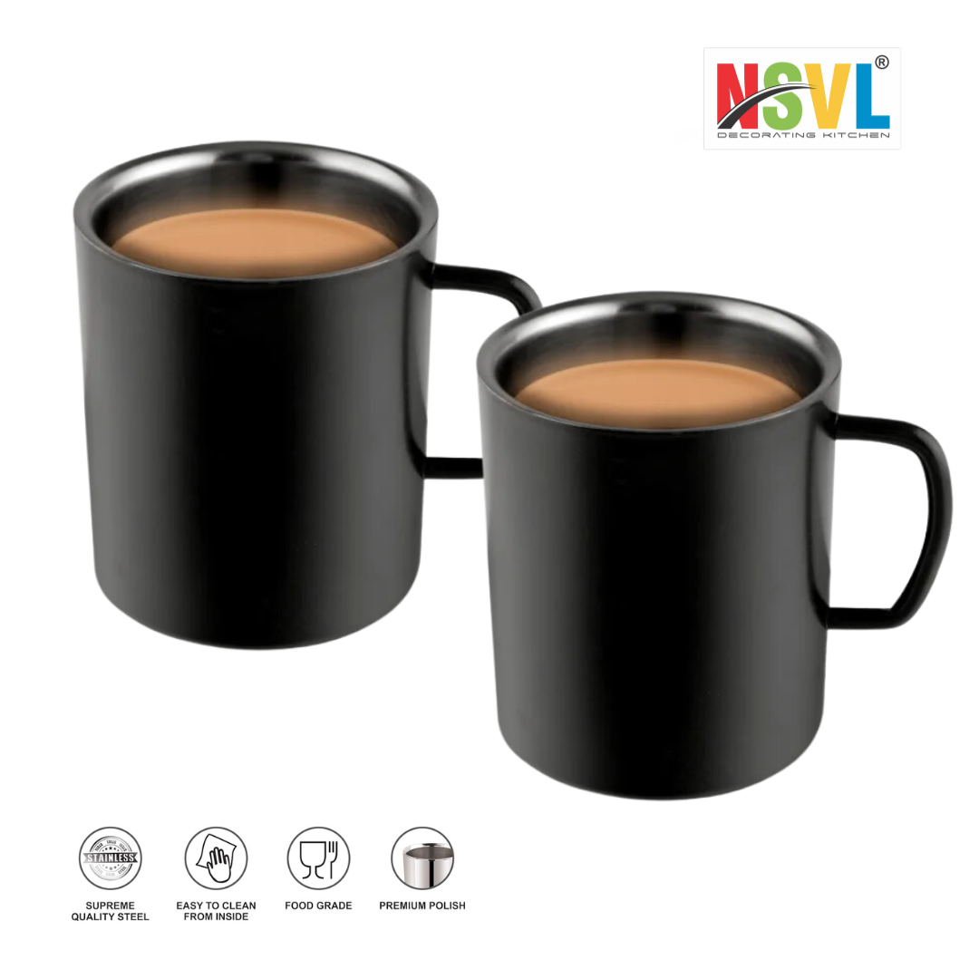 NSVL Black Coated Premium Double Wall Coffee Mug, Set of 2 | Tea Cup with Handle and Flat Base