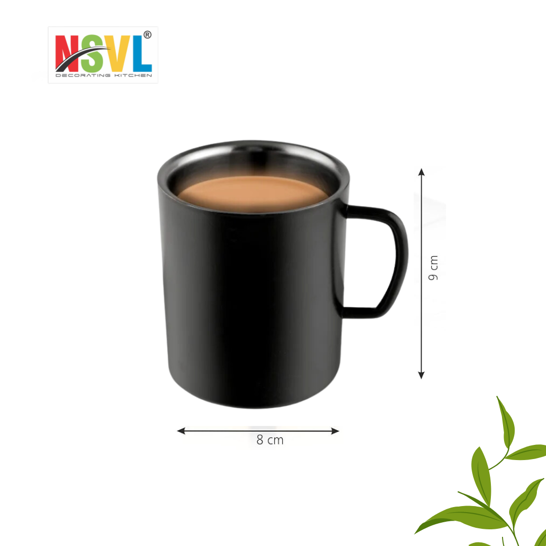 NSVL Black Coated Premium Double Wall Coffee Mug, Set of 2 | Tea Cup with Handle and Flat Base