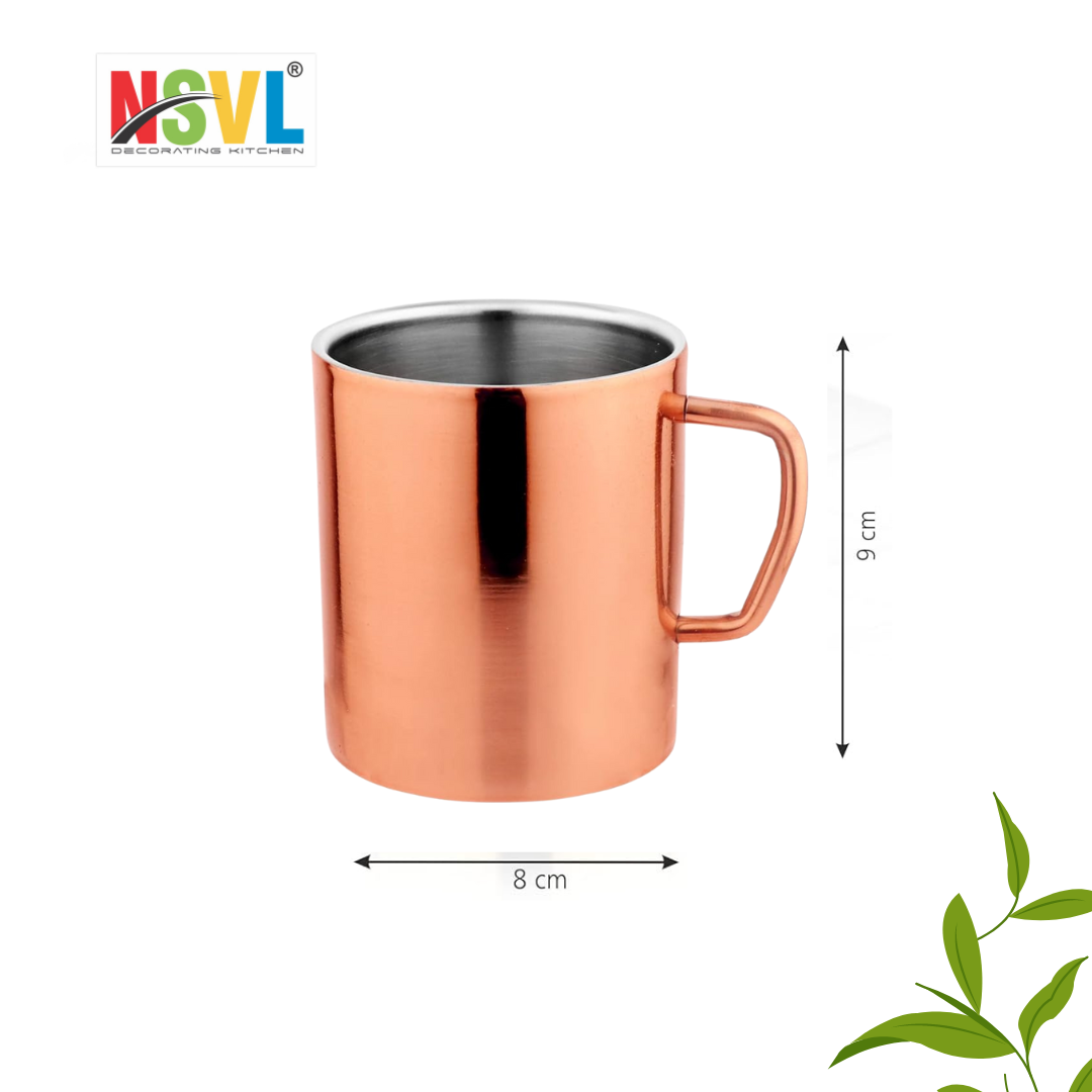 NSVL Copper Plated Premium Double Wall Coffee Mug, Set of 2 | Tea Cup with Handle and Flat Base