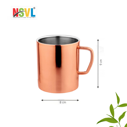 NSVL Copper Plated Premium Double Wall Coffee Mug, Set of 2 | Tea Cup with Handle and Flat Base