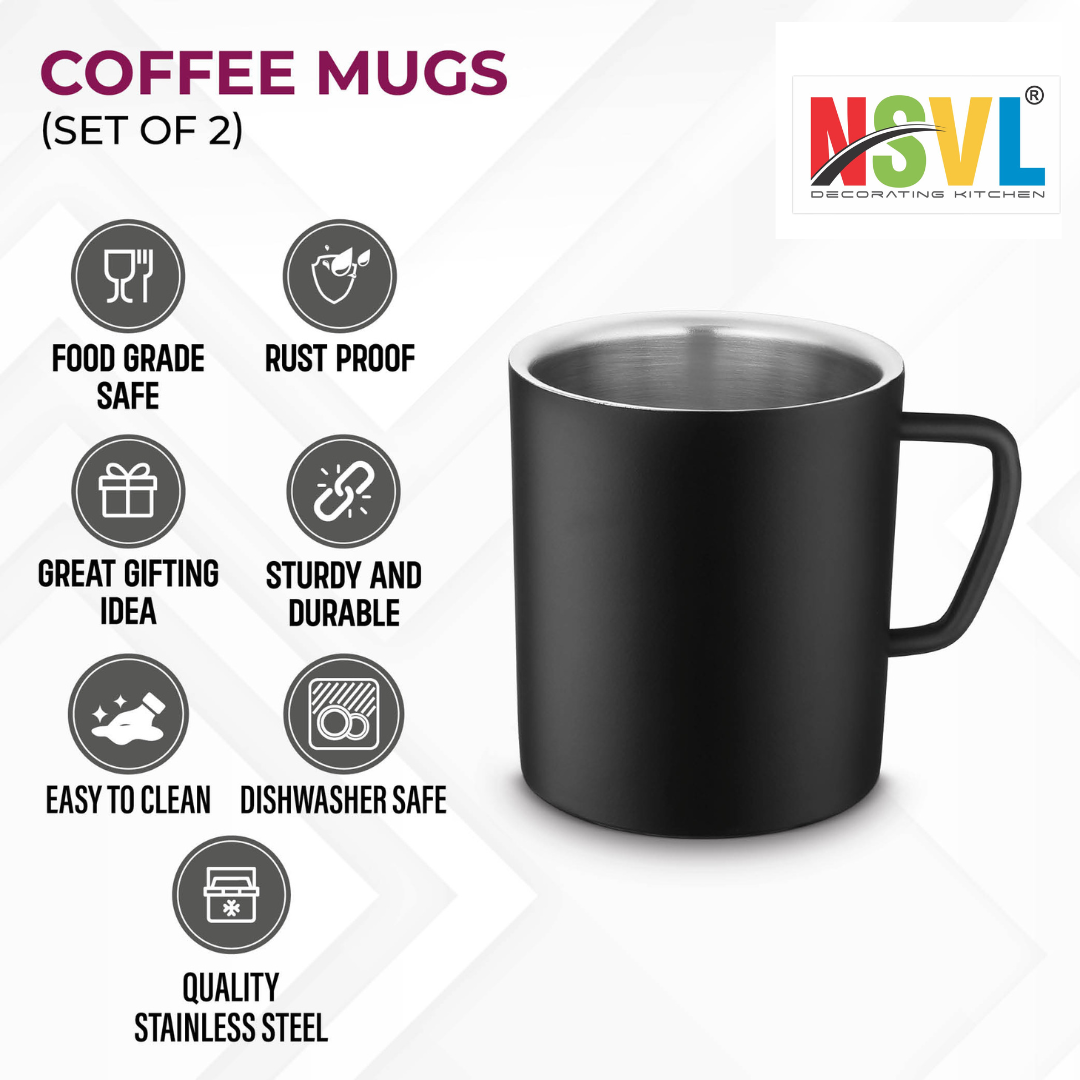 NSVL Black Coated Premium Double Wall Coffee Mug, Set of 2 | Tea Cup with Handle and Flat Base